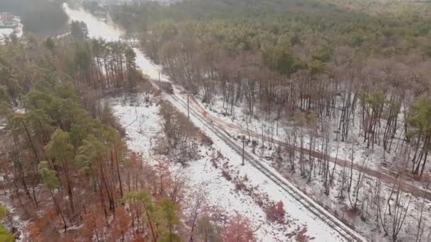 Le long d'une belle forêt, route de campagne. Vol au-dessus du passage à niveau touristique rétro — Video