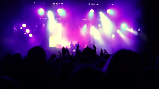 Illuminated stage lights. Raised hands are visible. Concert crowd silhouettes — Stock Video