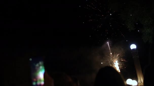 Shoots fireworks video on smartphone, hand of man taking the photo of fireworks — Stock Video