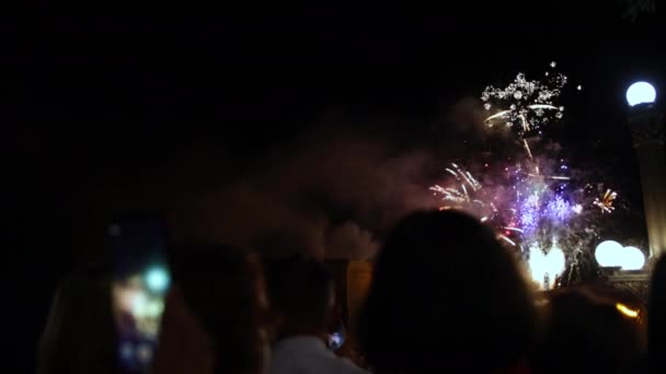 Fazer fotos por telefone inteligente de bela exibição de fogos de artifício para celebração — Vídeo de Stock