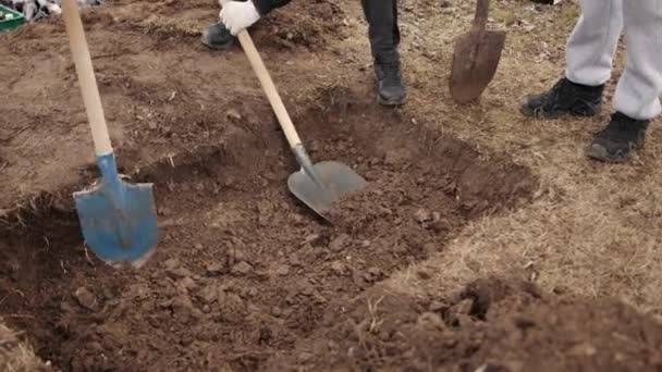 Świeżo wykopane narzędzie grobowe na cmentarzu, zbliżenie. Grób, widok z góry, właśnie wykopano — Wideo stockowe