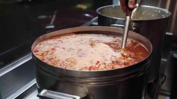 Mannelijke hand mengt borsch. Oekraïense traditionele gerecht soep. Koken in grote steelpan — Stockvideo