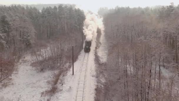 Aerial of an antique restored steam locomotive blowing smoke, steam traveling — Stock Video