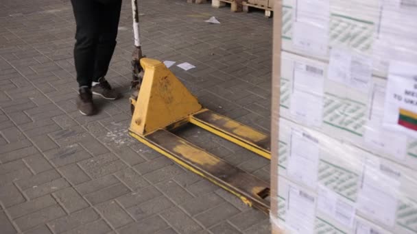 Paleta de mano o herramientas de trabajo de elevación manual para almacén. Envase elástico — Vídeo de stock