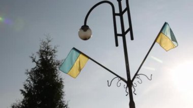 Ukrayna 'nın bayrak sembolleri. Rüzgar ve güneş ışığında dalgalanan Ukrayna bayrağı. Bayrak direğinde iki bayrak.