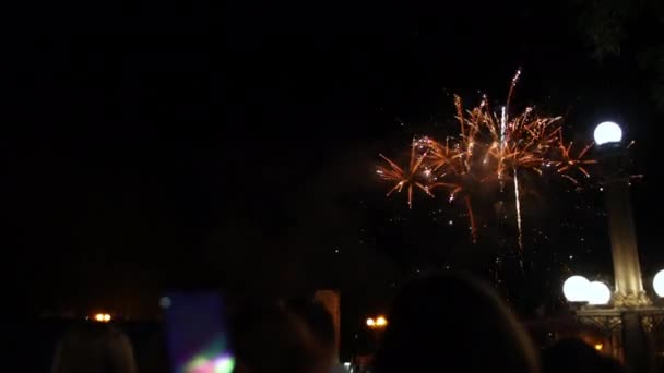 Animation de fond lumineux coloré avec spectacle de lumière. Les gens feux d'artifice montrent — Video