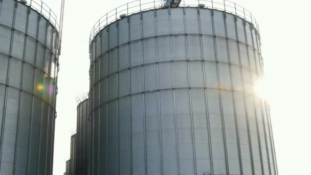 Zilverkleurige silo 's op landbouwproductiefaciliteiten voor de verwerking van droogkuis, opslag van landbouwproducten — Stockvideo