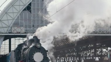 Klasik siyah buhar lokomotifi. Tarihsel tren tarlalardan geçiyor. Araç