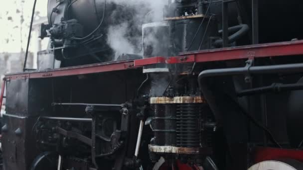 Historyczna lokomotywa pociągu parowego. Para lokomotyw przecieka dymem, para zapłonęła od tyłu. — Wideo stockowe