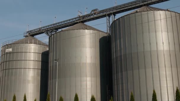 Zilverkleurige silo 's op landbouwproductiefaciliteiten voor de verwerking van droogkuis, opslag van landbouwproducten — Stockvideo
