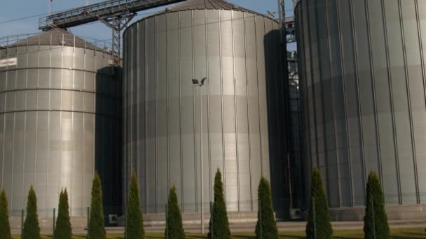Grande fábrica moderna de armazenamento e processamento de colheitas de grão. Vista do celeiro no dia ensolarado. — Vídeo de Stock