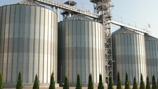 Srebrne silosy w zakładzie produkcji rolniczej do przetwórstwa środków czyszczących do suszenia, przechowywania produktów rolnych — Wideo stockowe