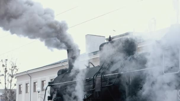 Schwarze Oldtimer-Dampflokomotive. Historischer Zug fährt durch Felder. Fahrzeug — Stockvideo