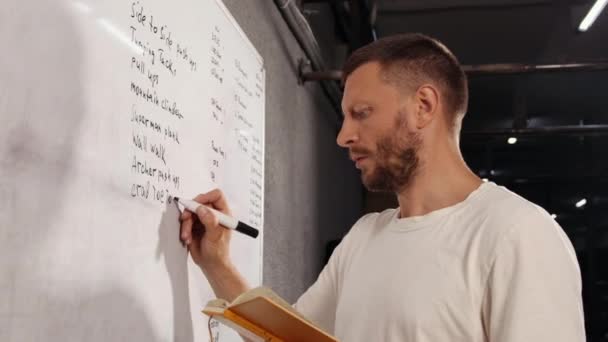 Organiseer en plan uw trainingen. Een persoon in een t-shirt schrijft een trainingsplan op een whiteboard — Stockvideo