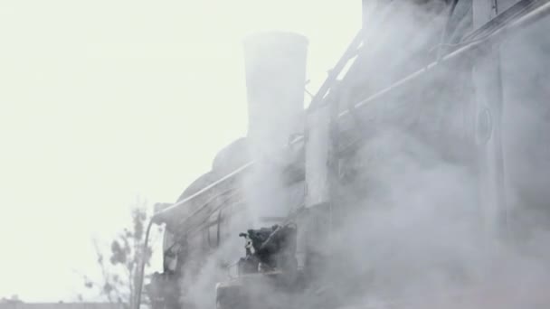 老式黑色蒸汽机车 历史的火车穿过田野 车辆从火车站开出 旧蒸汽机车正驶离火车站 — 图库视频影像