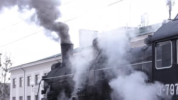 Locomotiva Vapor Preta Vintage Comboio Histórico Atravessa Campos Veículo Parte — Vídeo de Stock