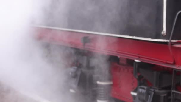 Dym Zasłania Pociąg Retro Parowóz Odjeżdża Stacji Kolejowej Stary Czarny — Wideo stockowe