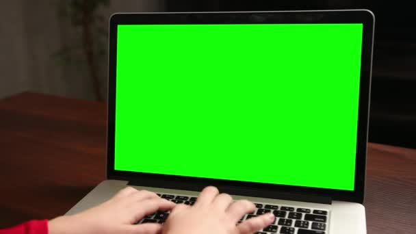 Sobre Ombro Menino Usar Laptop Com Modelo Tela Verde Mock — Vídeo de Stock