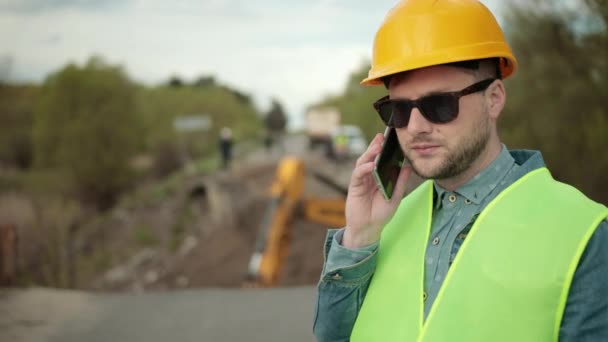 Portrait Young Man Working Speaking Phone Male Architect Using Mobile — Stock Video