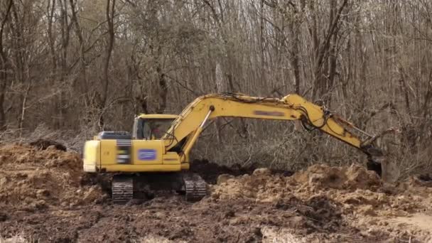 Cubo Retroexcavación Del Suelo Sitio Construcción Cavando Excavadoras Orugas Máquina — Vídeo de stock