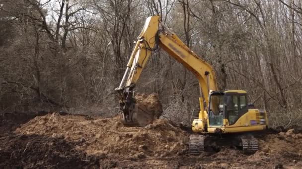Cubo Retroexcavación Del Suelo Sitio Construcción Cavando Excavadoras Orugas Máquina — Vídeos de Stock