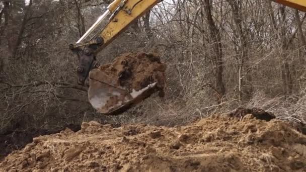 Trabajando Con Retroexcavadoras Excavando Terreno Sitio Construcción Excavadora Dientes Cubo — Vídeo de stock