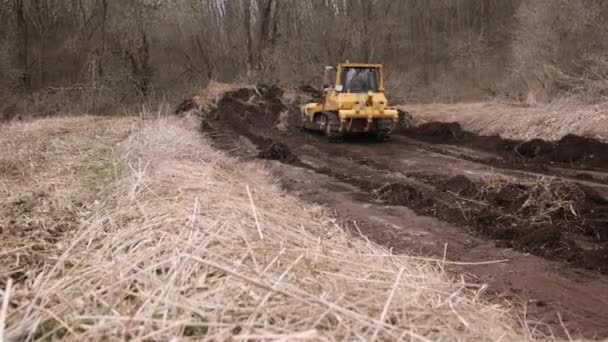 建設現場のブルドーザーは ヒープに土壌をシャベル 強力な黄色の土の動きは 勃起サイトで砂を粉砕します 商用車を舗装するためのブルドーザー — ストック動画