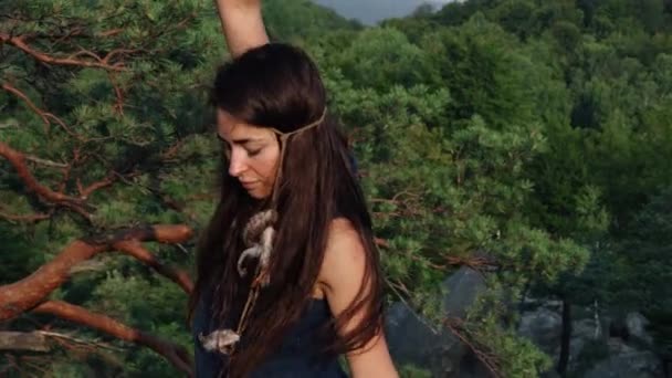 Woman Blue Silk Dress Forging Pine Tree Hugging Herself She — Video Stock