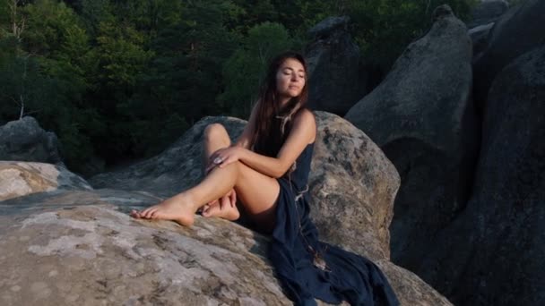 Blue Silk Dress Young Woman Sat Rocky Terrain Relaxing Outdoors — Stockvideo