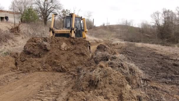 Byggnadsmaskiner Utrustning Jord Byggnad Bulldozer Schaktmaskiner Teknik Industriell Erektion Koncept — Stockvideo