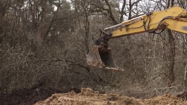 Raupenbagger Bagger Mit Schaufel Heben Erde Auf Baustelle Aus Bagger — Stockvideo