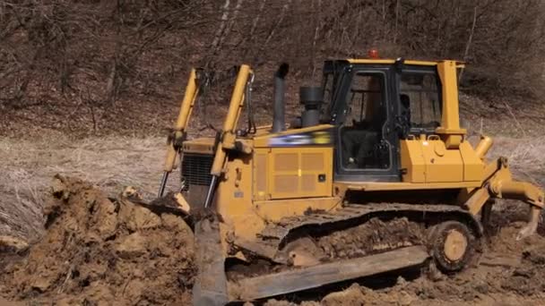Bulldozer Sur Chantier Construction Pelle Sol Tas Puissant Terrasseur Jaune — Video