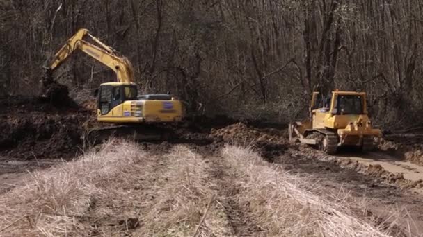 Bulldozer Working Mud Construction Site Excavator Bucket Teeth Delve Soil — Stock video