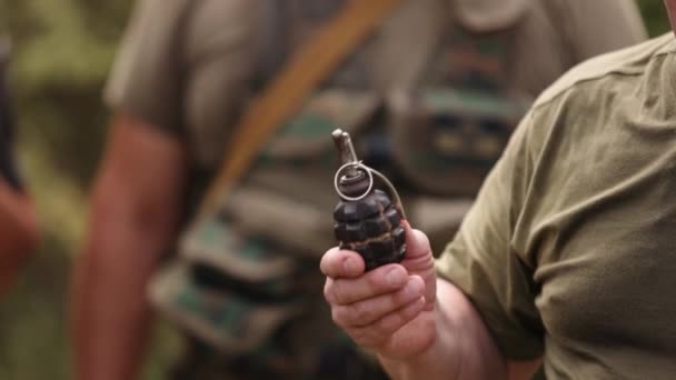 Realistic Hand Grenade Smoke Grenade High Explosive Tnt Hand Soldier — Stock videók