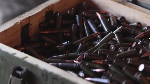 Ammo Box Caliber Bullets Ak47 War Bullet Weapon Bullet Pile — Vídeo de Stock