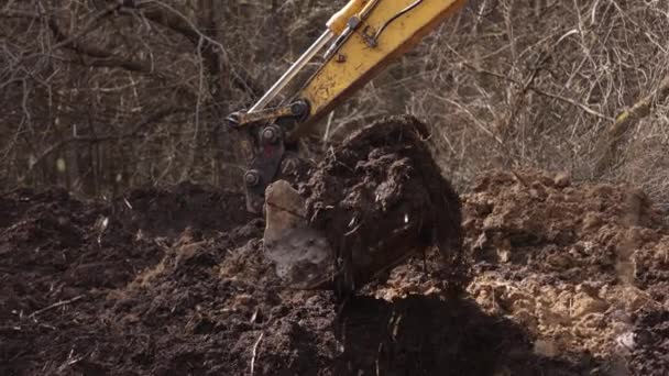 建設現場で地面を掘ることによってバックホウで作業します 土を掘るための掘削バケツの歯 土の上にクローラ浚渫 ディガー 移動中の車両 閉じろ — ストック動画
