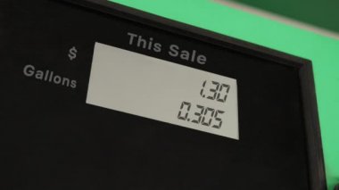 Digital counter count up the counter of a gas pump and rising prices. Gas station fuel meter counter price. Close up while refueling a car. Increasing petrol costs. prices close to five dollars