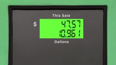 Yakıt fiyatları, pahalı benzin fiyatları, galon başına benzin dolar, açık hava benzin istasyonlarında vitrinler, artan maliyetler, enerji krizi, benzin göstergelerini gösteren elektronik benzin pompaları