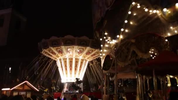 Carousel Ride Wooden Horses Night Park Winter Beautiful Bright Carousel — Stock Video