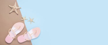 Kahverengi-mavi arka planda yıldız balıkları. Üst manzara, düz yatış. Pankart