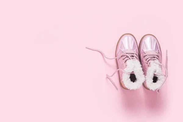 Fashionable Shoes Girl Pink Background Top View Flat Lay — Stock Photo, Image