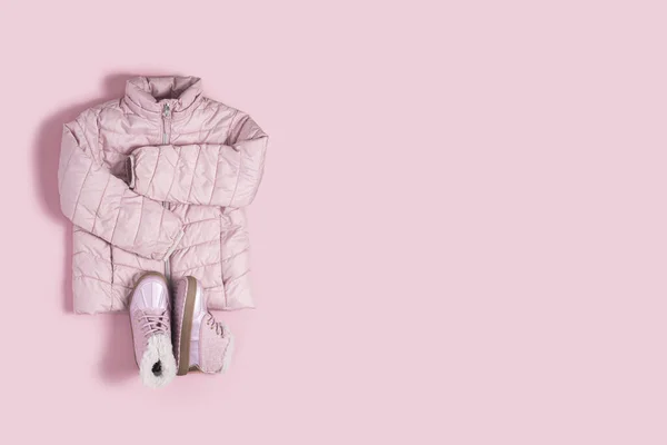 Jacket Boots Girl Pink Background Top View Flat Lay — Stock Photo, Image