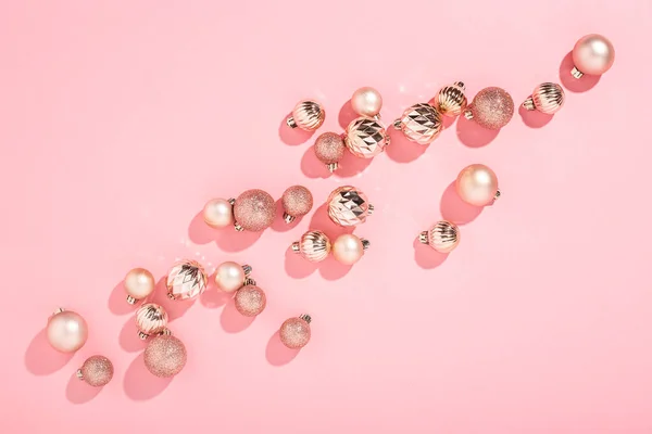 Beautiful Shiny Pink Decorative Balls Pink Background Top View Flat — Stock Photo, Image