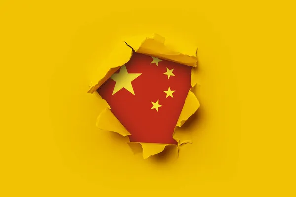 Желтая Рваная Бумага Внутри Дырки Флагом Китая Флаг Фон Обои — стоковое фото