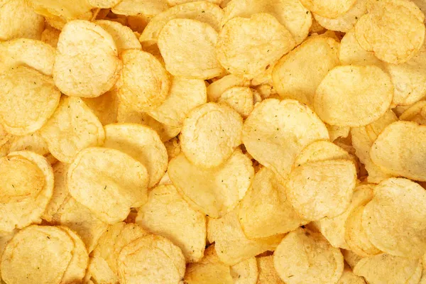 Crispy Fresh Potato Chips Snacks Background Top View Flat Lay — Stock Photo, Image
