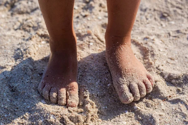 砂浜の砂の中の子供の足 トップビュー フラットレイアウト — ストック写真