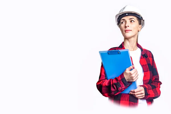 Young Woman Construction Clothes Clipboard Light Background — Stock Photo, Image