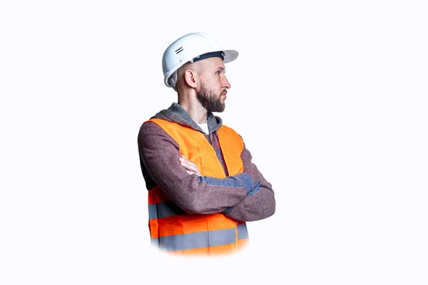 Umsichtiger Bauingenieur Helm Mit Verschränkten Armen Auf Hellem Hintergrund — Stockfoto