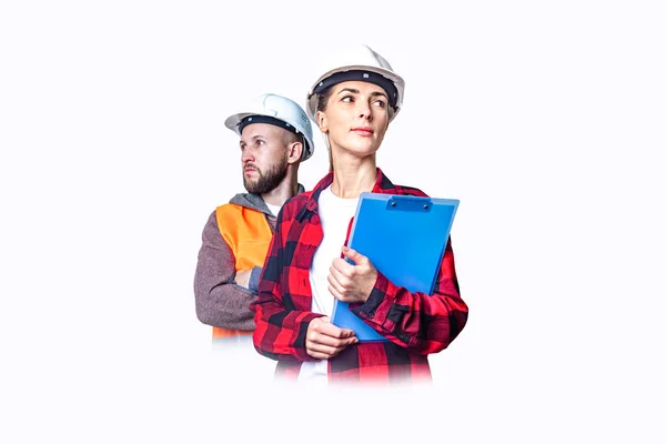 Young Man Woman Construction Clothes White Background — Stock Photo, Image
