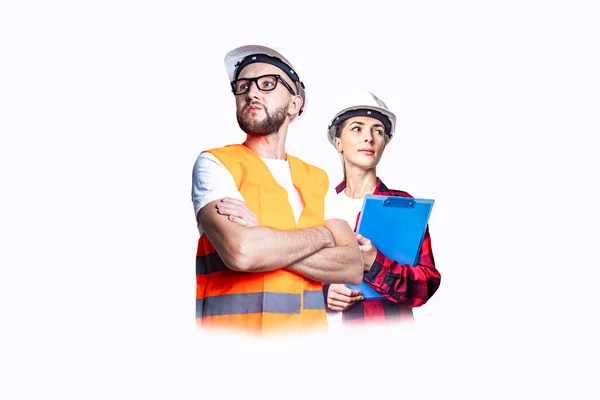 Young Man Woman Construction Clothes White Background — Stock Photo, Image